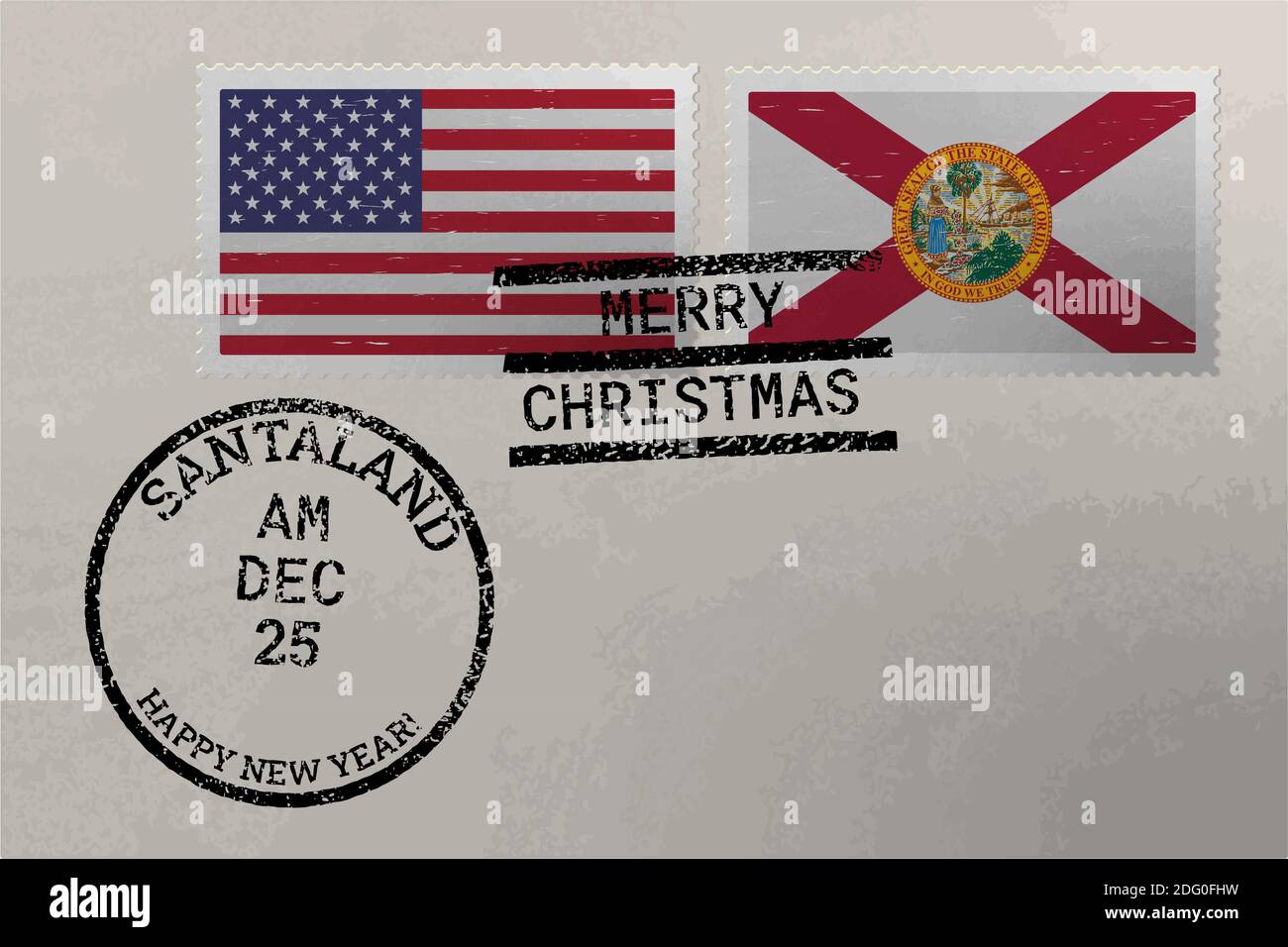 Postage stamp envelope with Florida and USA flag and Christmas and New Year stamps, vector Stock Vector