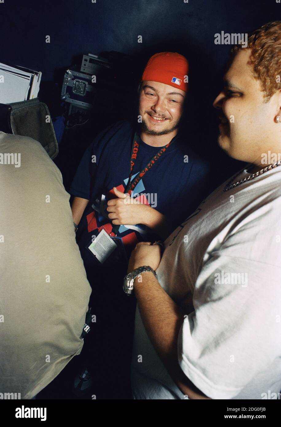Thomas Bangalter (left) and Guy-Manuel de Homem-Christo (center) of Daft Punk, with DJ Sneak (right) at the Winter Music Conference in Miami, Florida. March 16, 1999. Stock Photo
