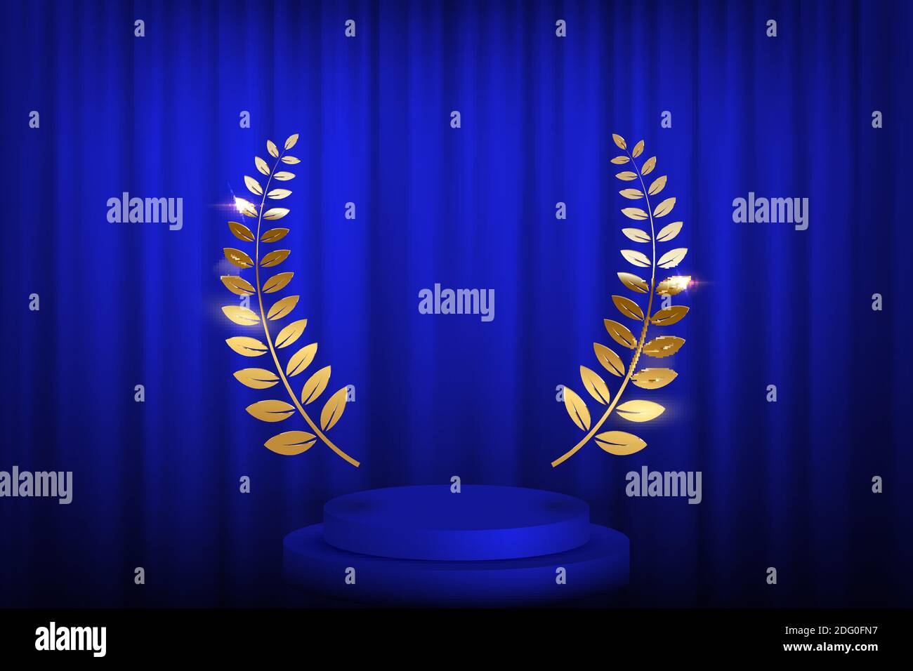 Golden laurel wreath over blue round podium with steps in front of the curtains. Vector illustration. Stock Vector