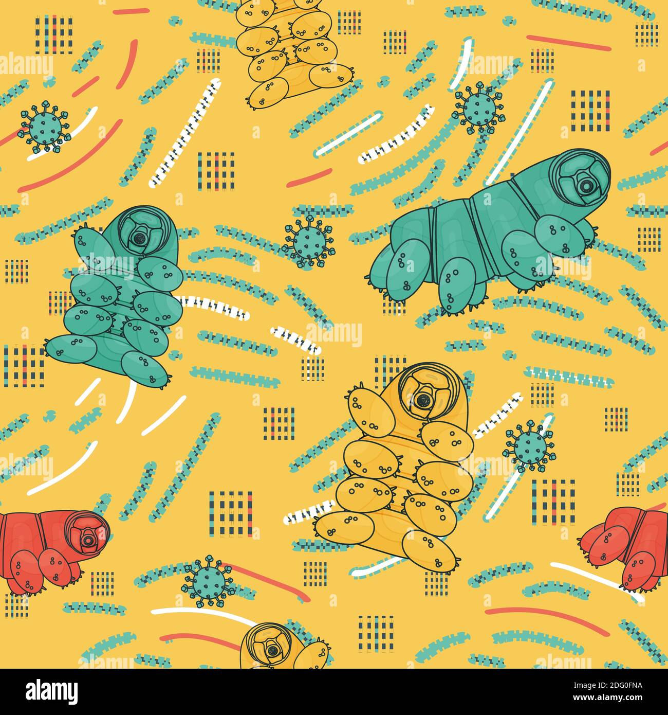 Yellow, blue, white, pink abstract tardigrade seamless repeat pattern with lines and dots Stock Vector