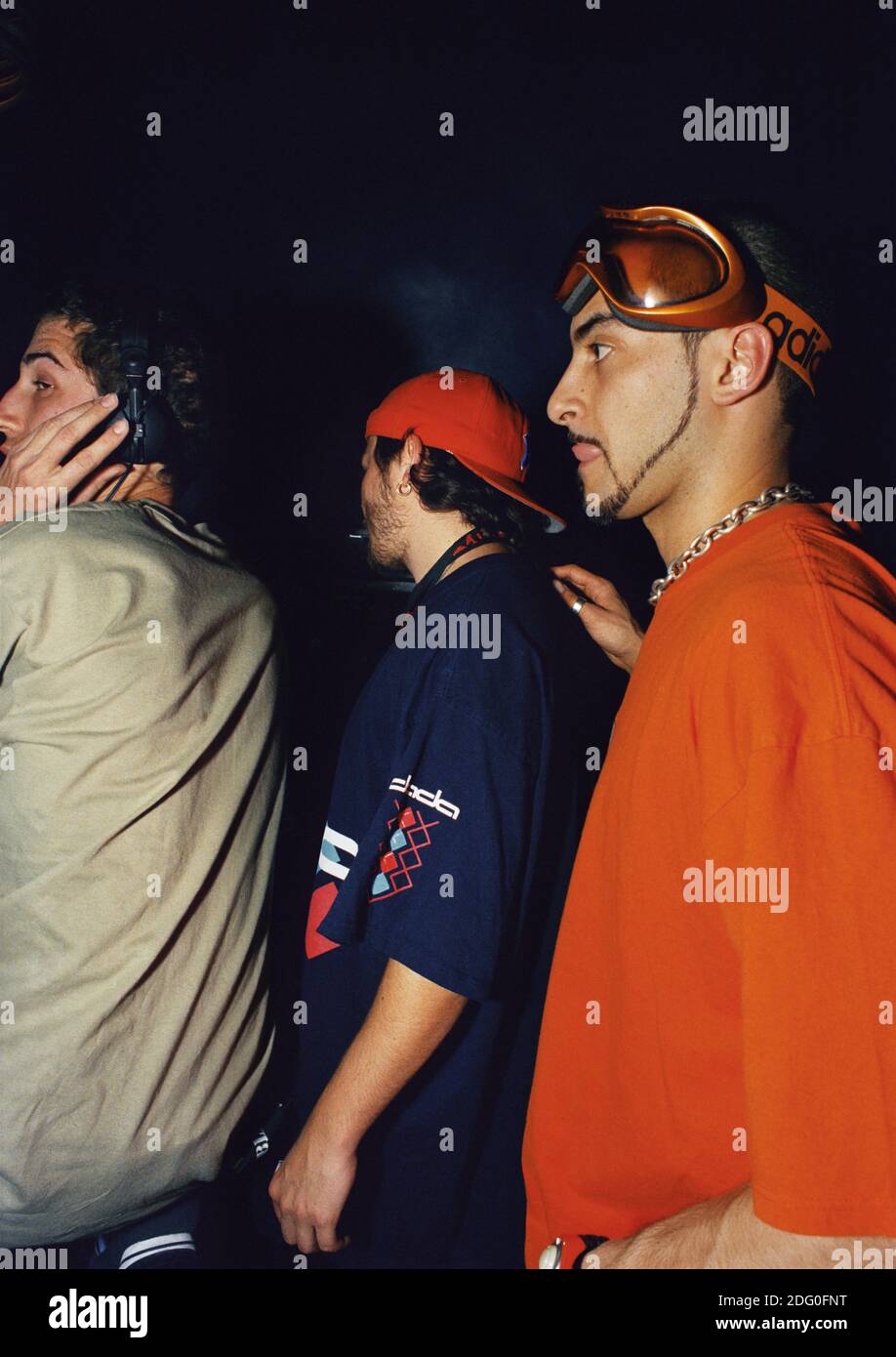 Thomas Bangalter (left) and Guy-Manuel de Homem-Christo (center) of Daft Punk, with Armand van Helden (right) at the Winter Music Conference in Miami, Florida. March 16, 1999. Stock Photo