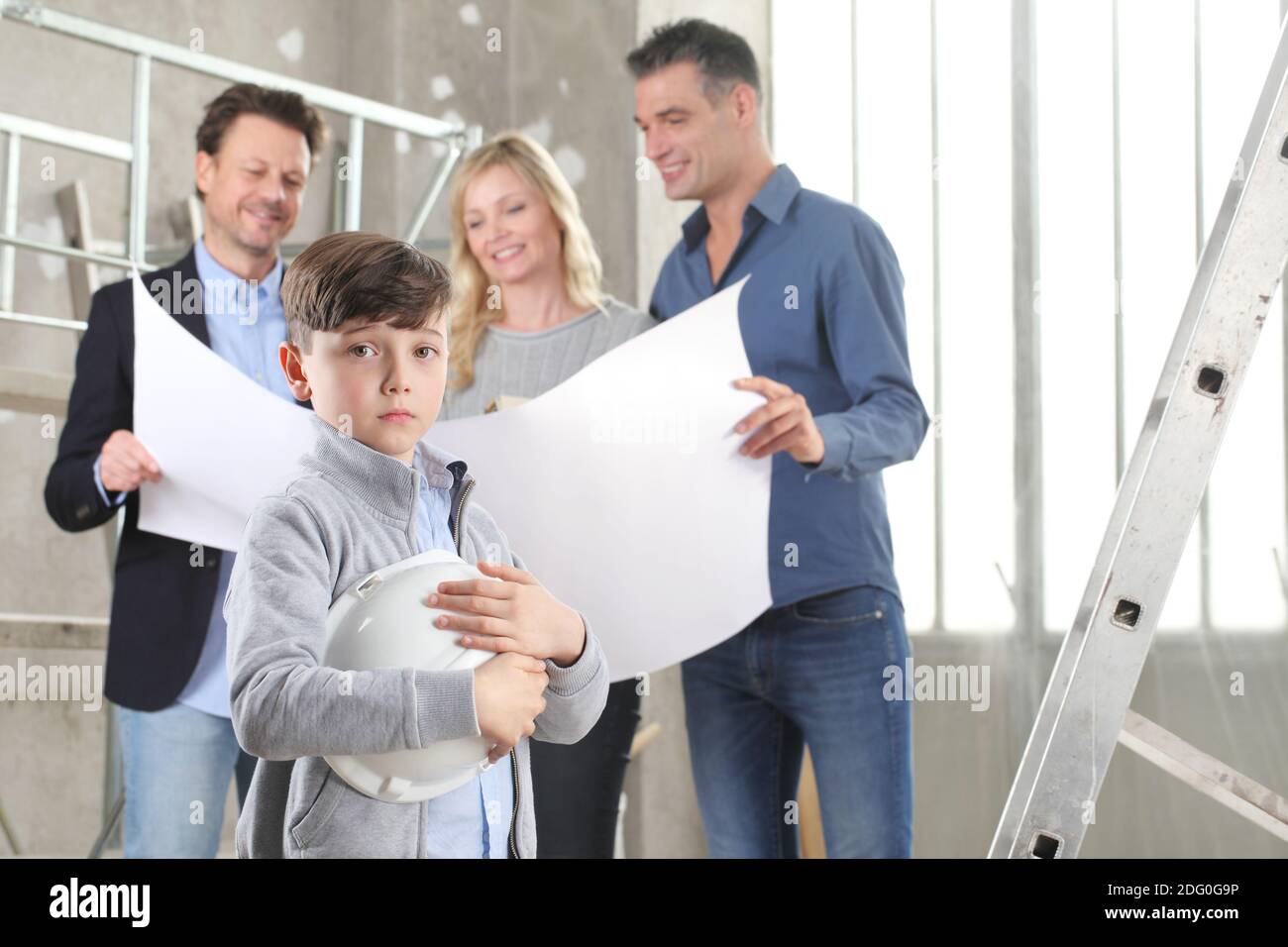 Contruction Project Parents Architect showing house design plans to a family with worried and ...