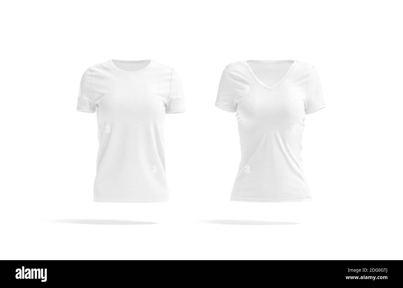 Blank white women slimfit and classic t-shirt mockup, front view, 3d rendering. Empty cotton undershirt model mock up, isolated. Clear slim and basic Stock Photo