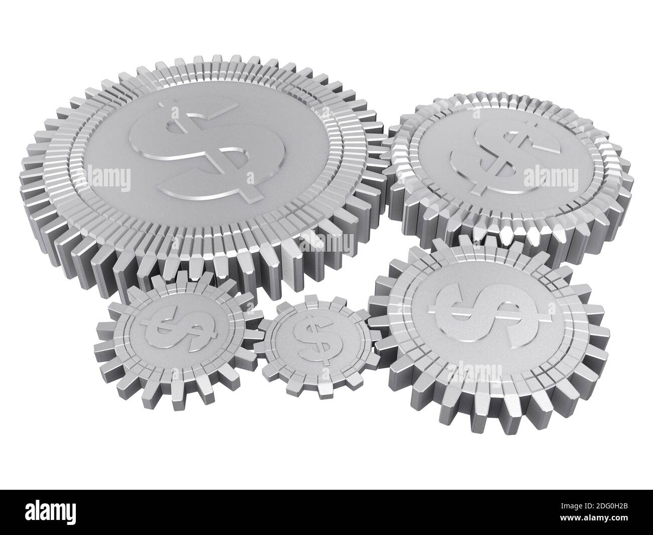 Five silver dollar gears Stock Photo