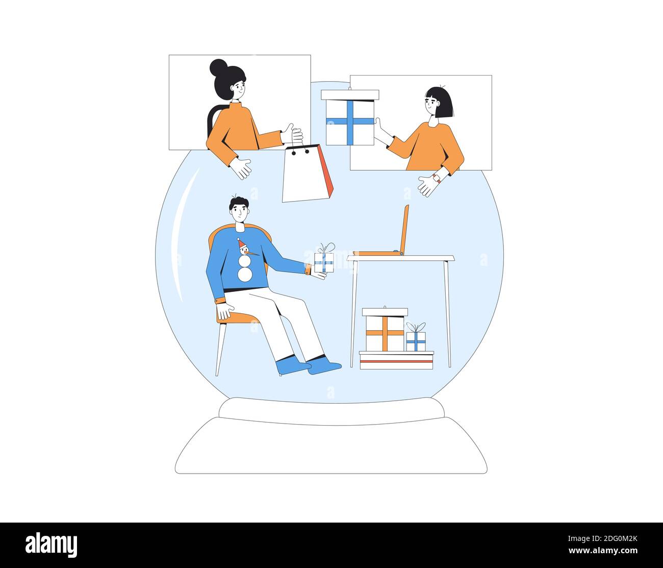 Christmas online meeting. Friends giving a gift. Stay home at holiday. Young persons meeting with video call during a pandemic. Sharing virtual presen Stock Vector