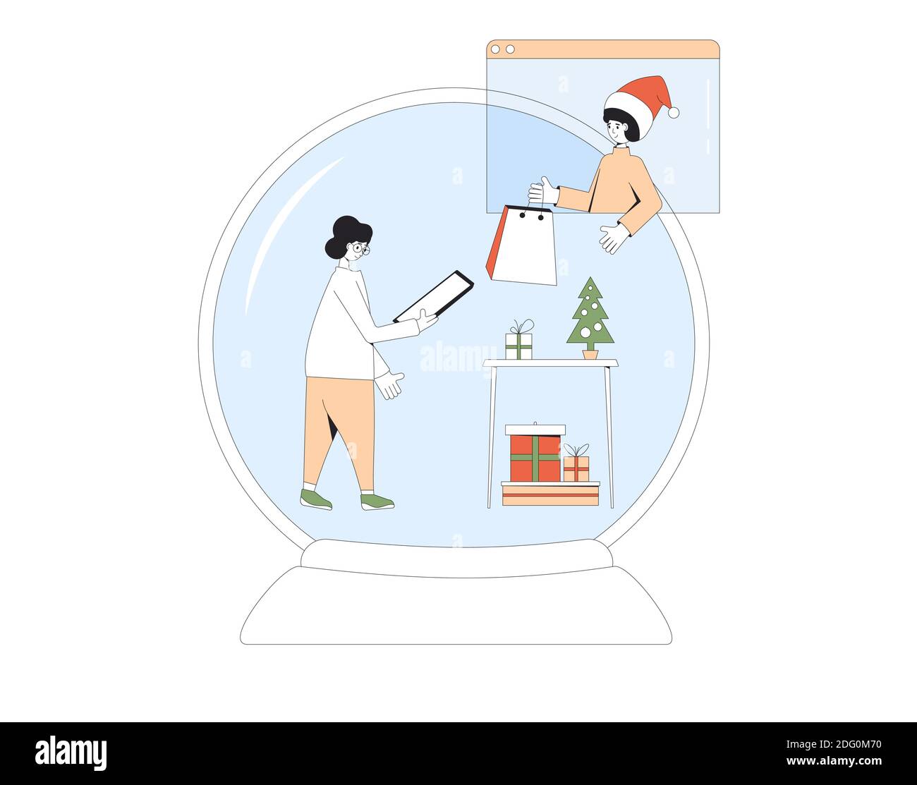 Christmas online meeting. Family giving a gift. Stay home at holiday. Young person meeting with her mom with video call during a pandemic. Sharing vir Stock Vector