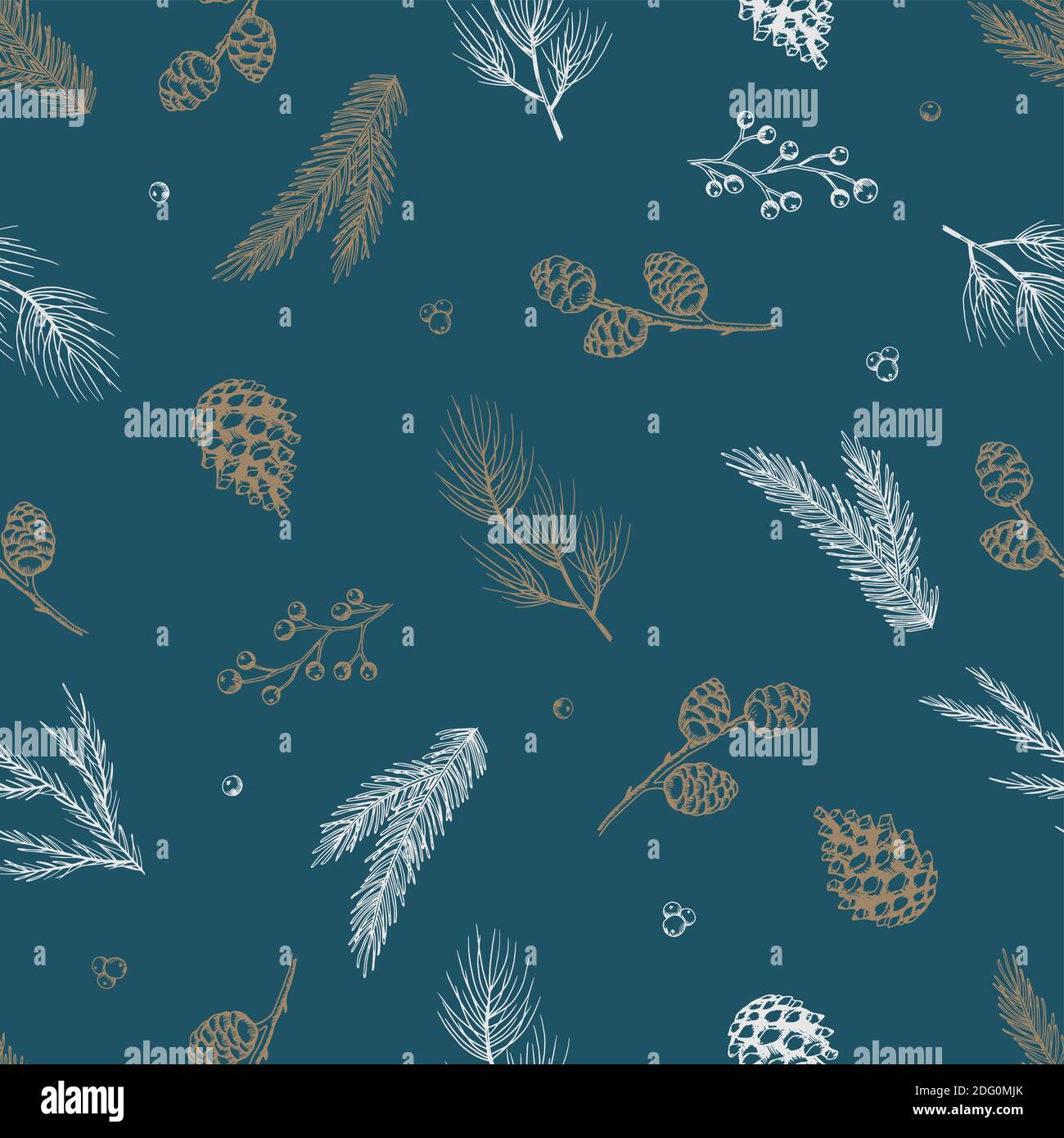 Seamless pattern with hand drawn cones, xmas tree. Christmas vector illustration. Stock Vector