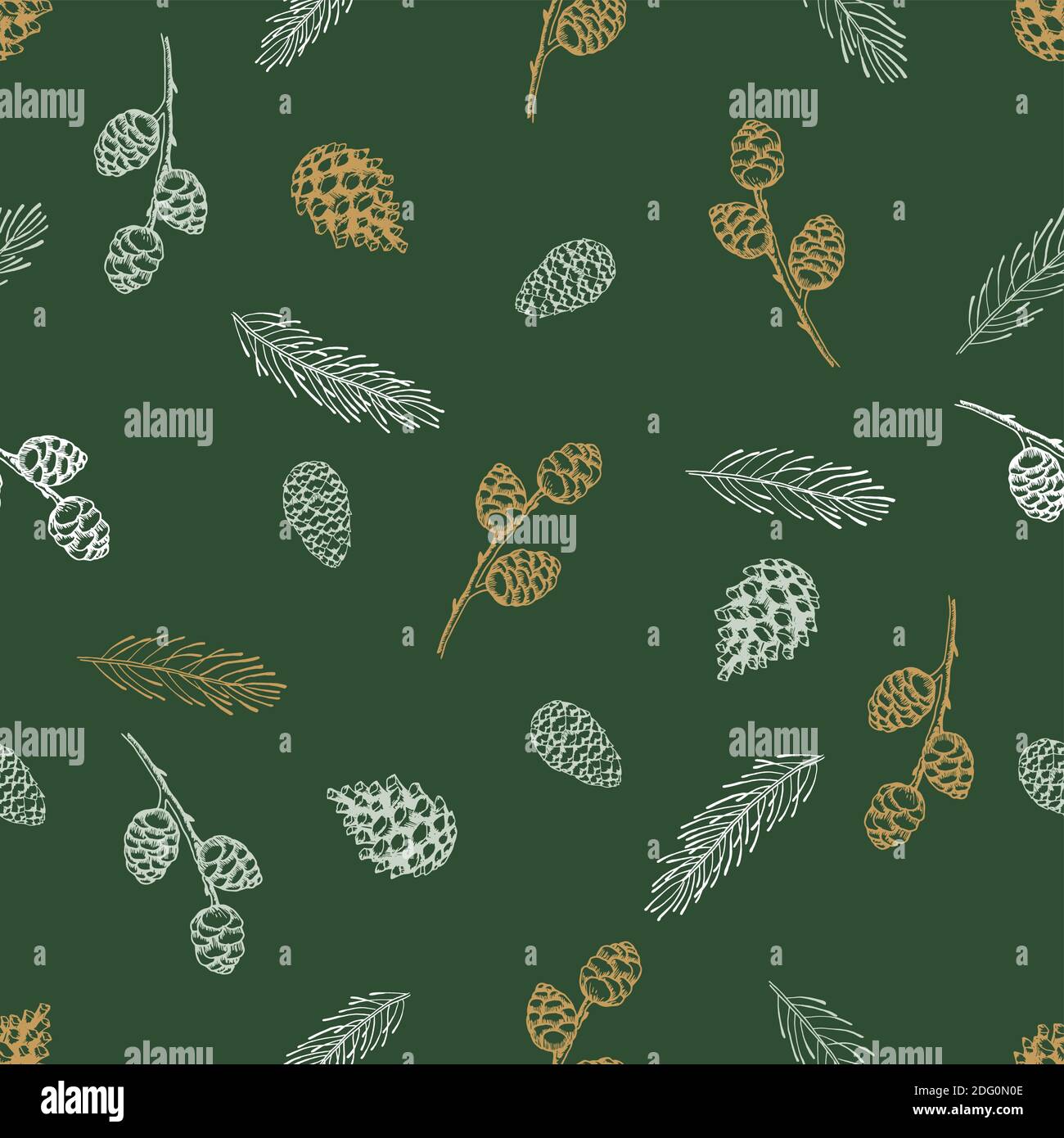 Seamless pattern with hand drawn cones, xmas tree. Christmas vector illustration. Stock Vector