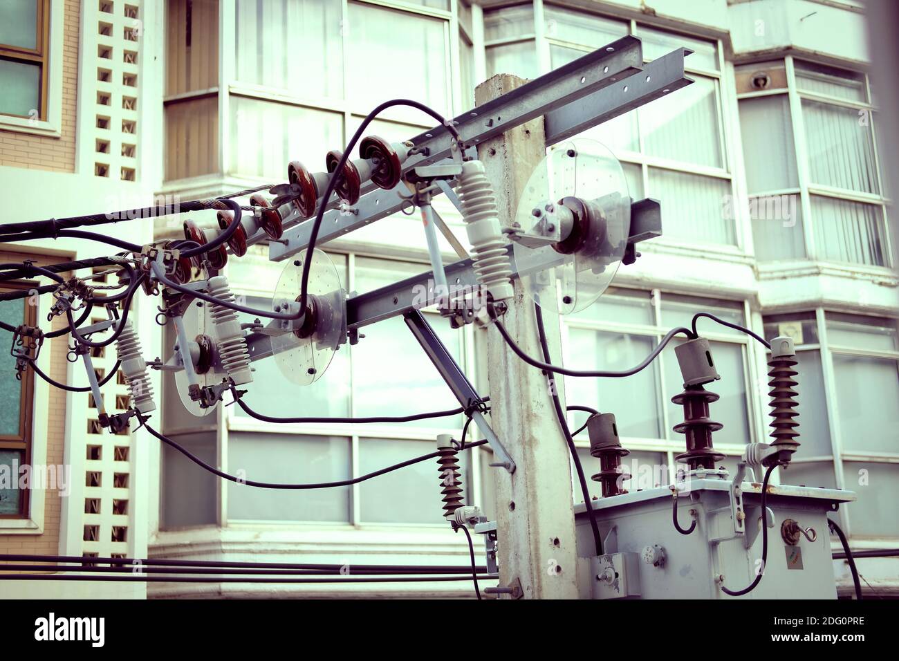 electricity supply pole and electric transformers. low voltage power