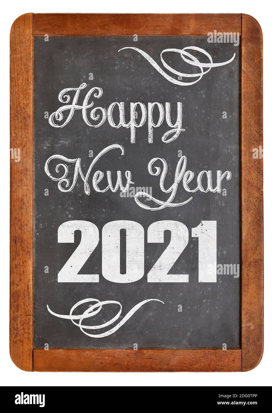 happy new year 2021 greetings on a vintage slate blackboard isolated on white Stock Photo
