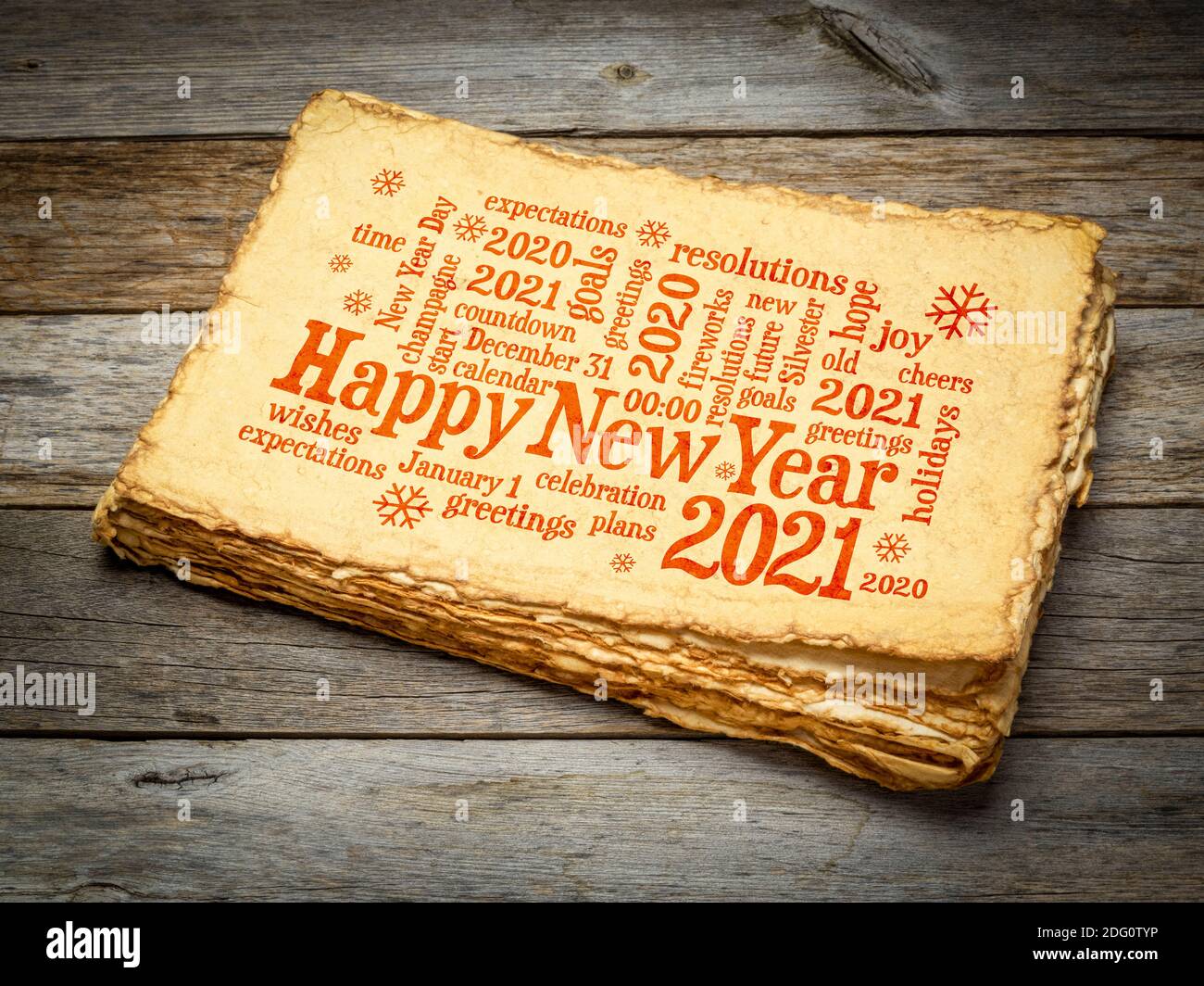 Happy New Year 2021 greetings card  - word cloud on a retro handmade paper Stock Photo