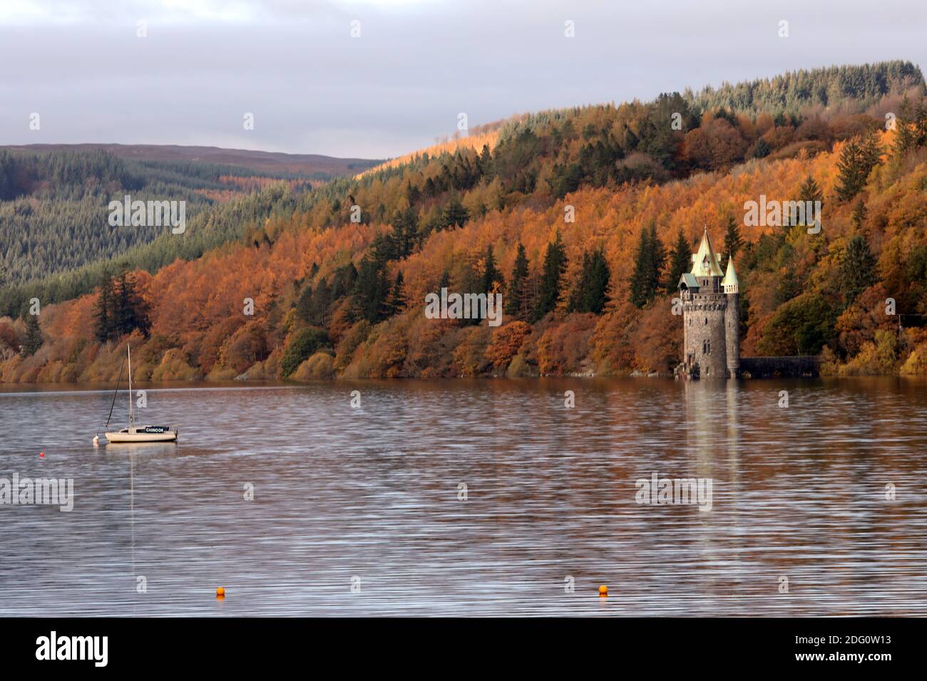Autumn scene at Lake Vyrnwy. Pictured: The victorian Straining Tower, Thursday 5th November 2020. Stock Photo