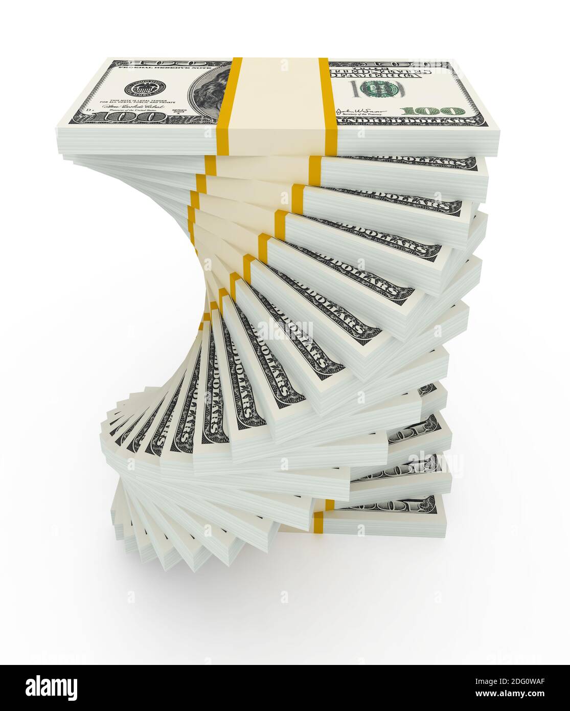 Income growth concept. Spiral dollar stack isolated on white Stock Photo