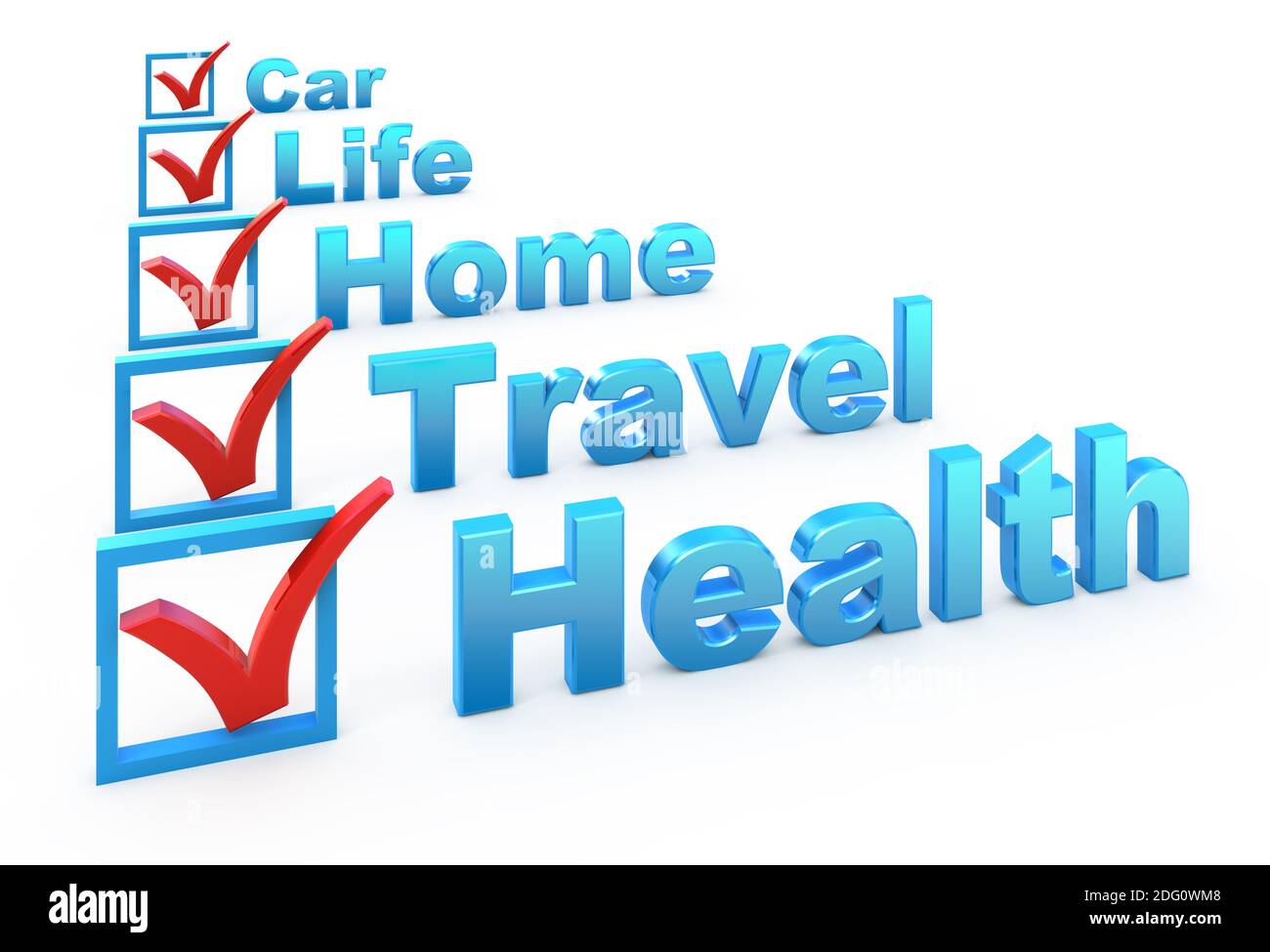 Health Insurance, Travel Insurance, Home Insurance, Life Insurance, Car Insurance checklist Stock Photo