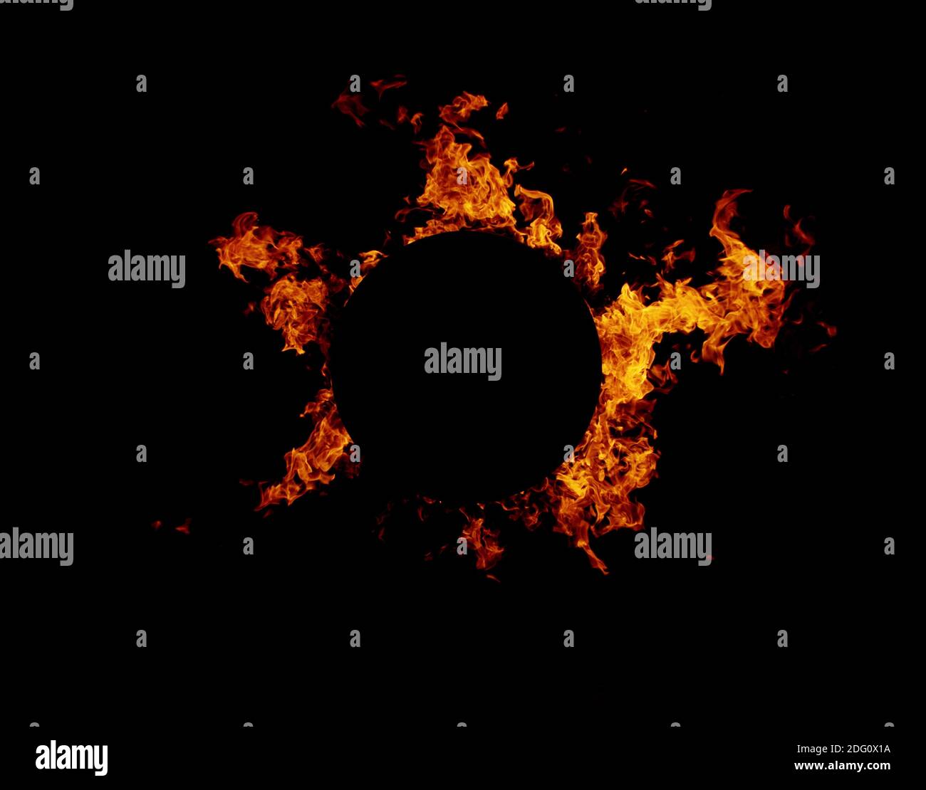 Fire ring isolated on black background, abstract circle shape with free space for text. Stock Photo