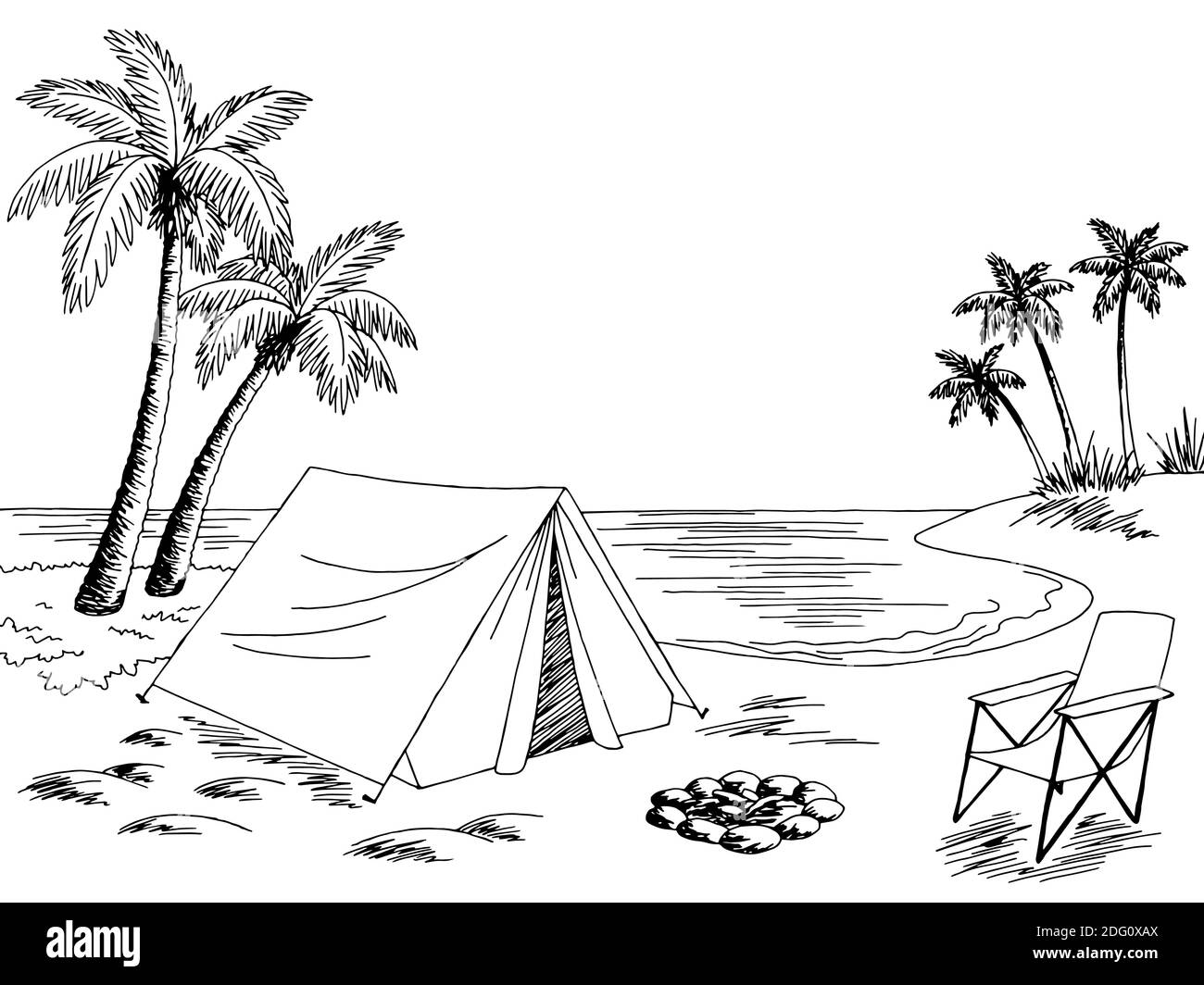 Camping sea coast graphic black white landscape sketch illustration vector Stock Vector