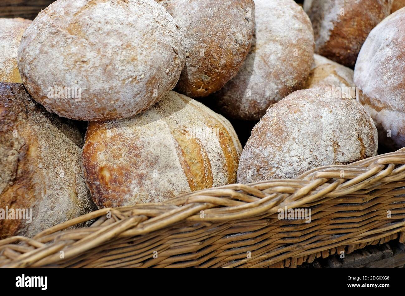 organic soda bread loaves in bakery tray, norfolk, england Stock Photo