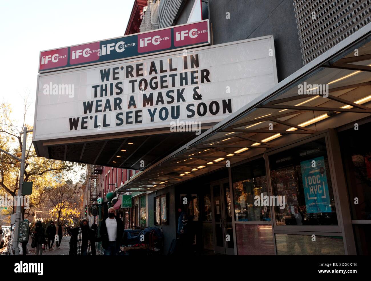 marquee sign at the IFC Center, an art house movie theatre in greenwich village, nyc, advising to wear a mask during coronavirus or covid-19 pandemic Stock Photo