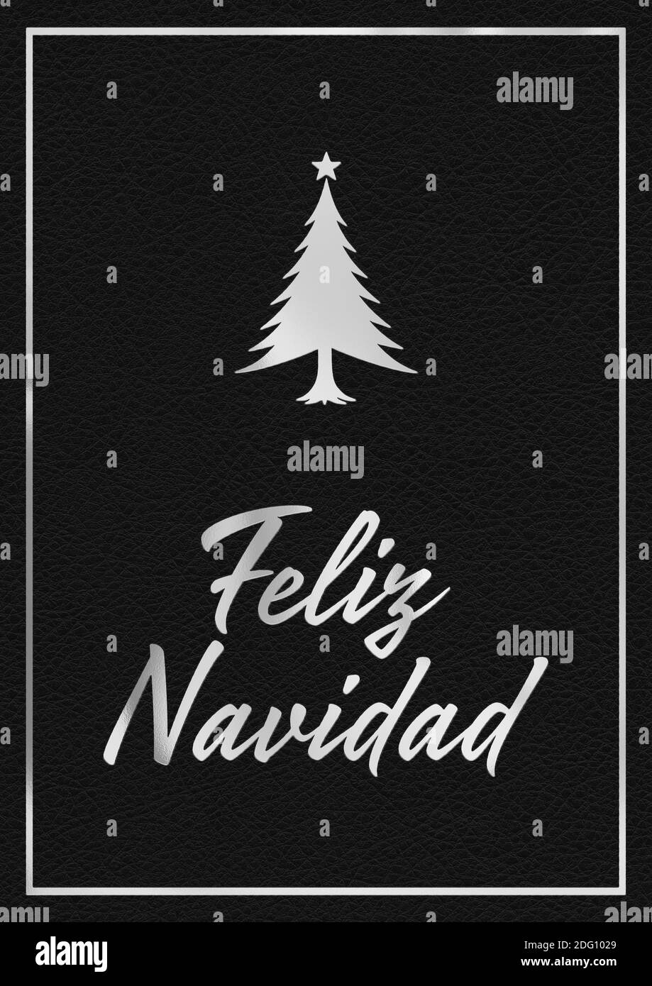 A silver leaf and black leather effect festive FELIZ NAVIDAD typographical graphic illustration with black leather background Stock Photo