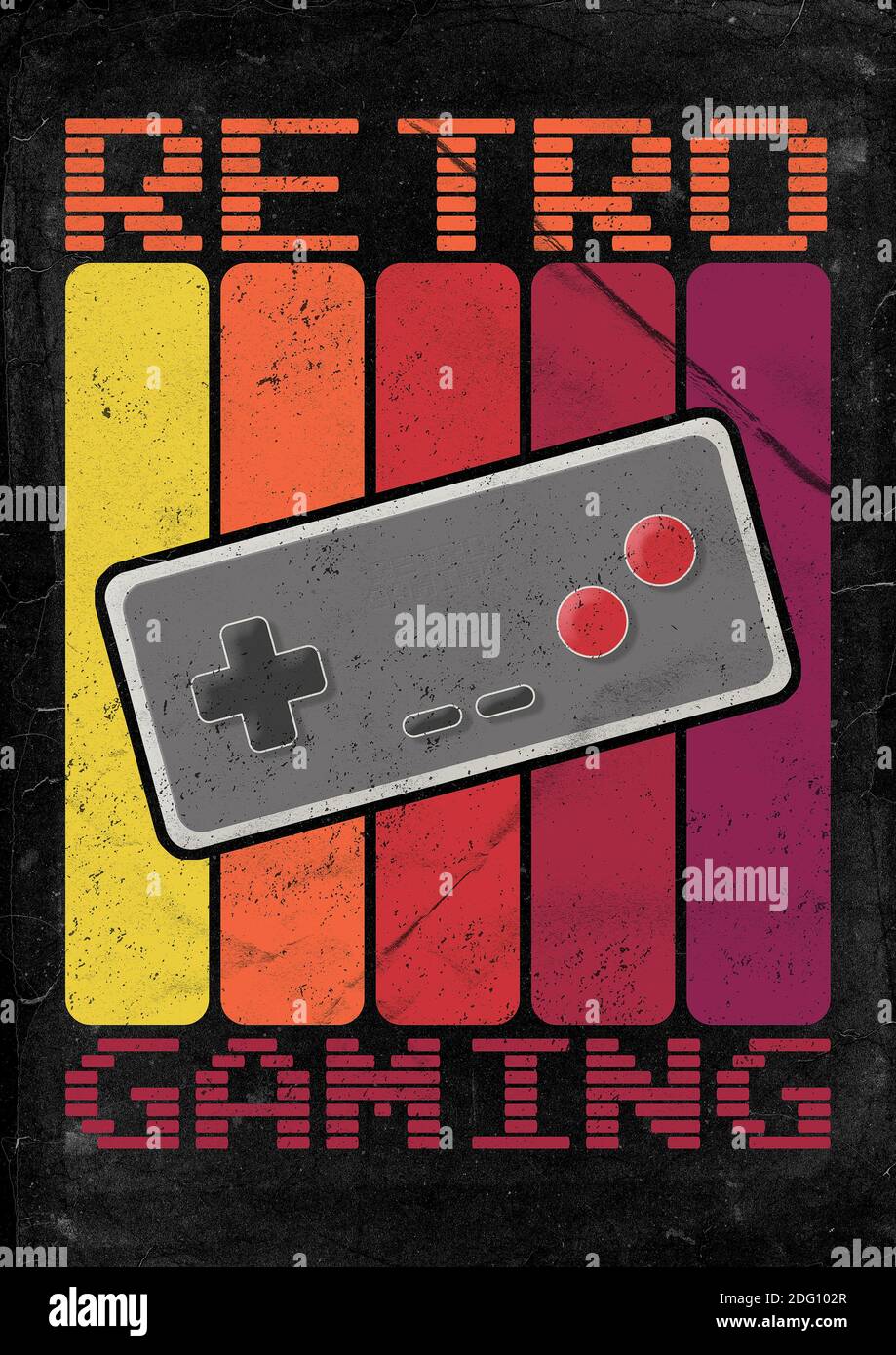 A RETRO GAMING graphic design illustration in a 1980's or 1990's style with colored stripes and generic gaming controller in the center Stock Photo