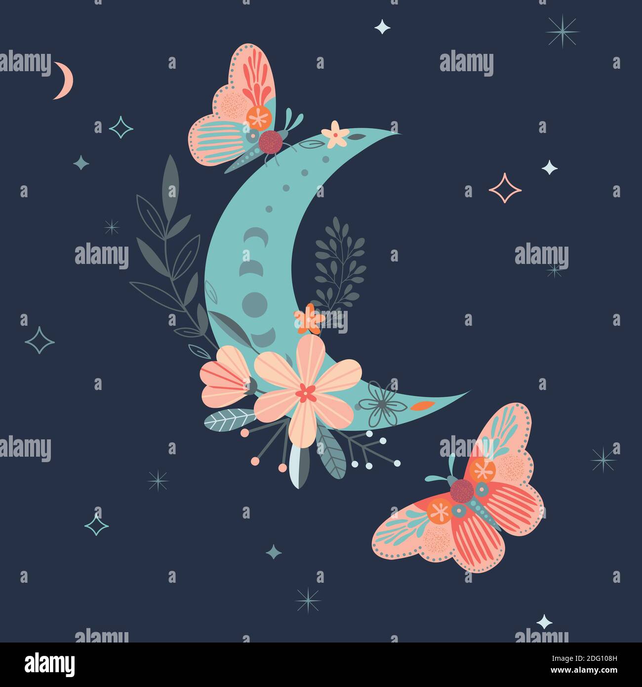 Celestial card with butterfly, moon and flowers Stock Vector Image ...