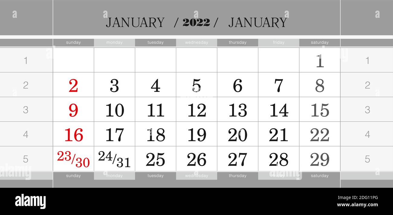 January 2022 quarterly calendar block. Wall calendar in English, week ...