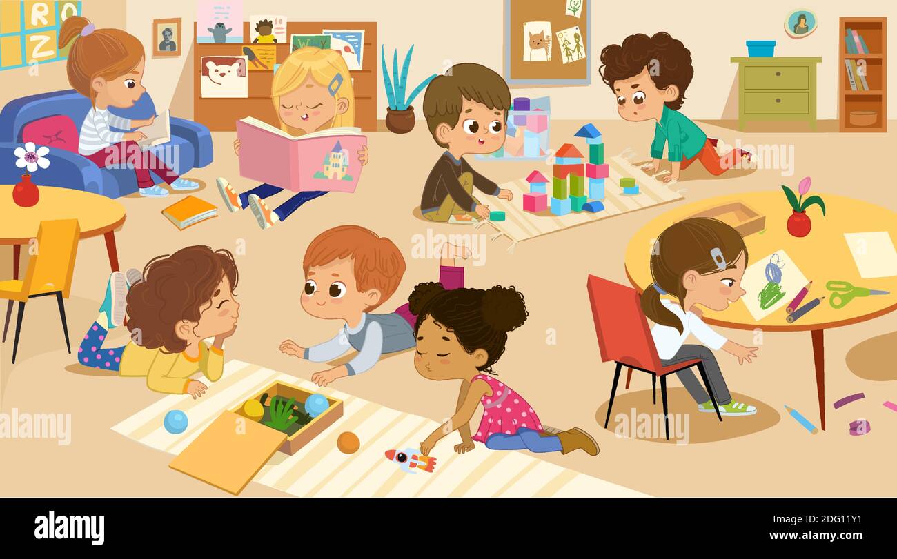 Kids playing with bricks and educational games in kindergarten room. Kids  play together in kindergarden. Poster with the place for your text.  Playroom Stock Vector Image & Art - Alamy