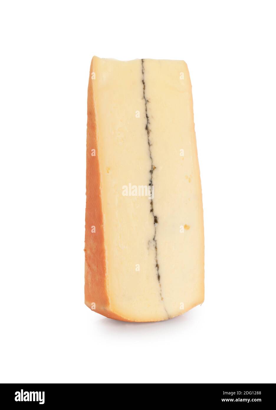 Studio shot of Morbier cheese complete with ash layer cut out against a white background - John Gollop Stock Photo