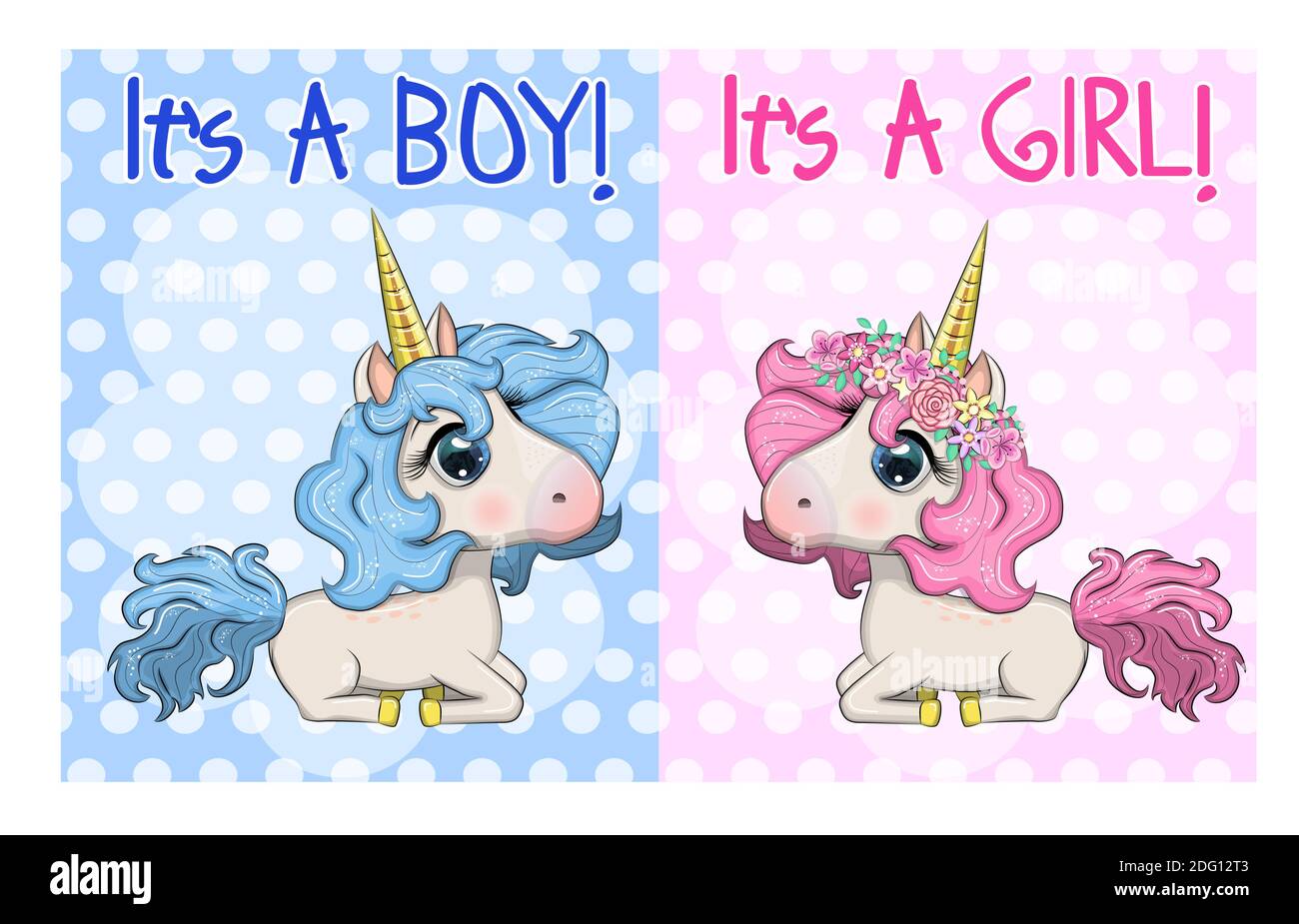Baby Shower Greeting Card with cute Cartoon Unicorn girl and boy Stock ...