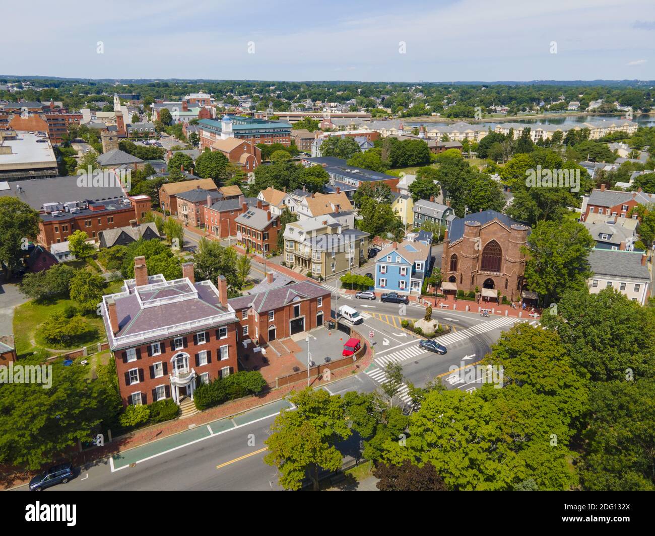 Aerial view of Salem historic city center including Salem Witch Museum