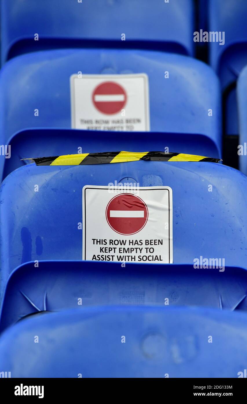 Seats left for social distancing during the Sky Bet EFL League One match between Portsmouth and Peterborough United at Fratton Park  , Portsmouth ,  UK - 5th December 2020 - Editorial use only. No merchandising. For Football images FA and Premier League restrictions apply inc. no internet/mobile usage without FAPL license - for details contact Football Dataco Stock Photo