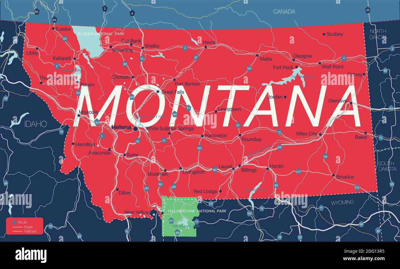 Montana state detailed editable map with cities and towns, geographic sites, roads, railways