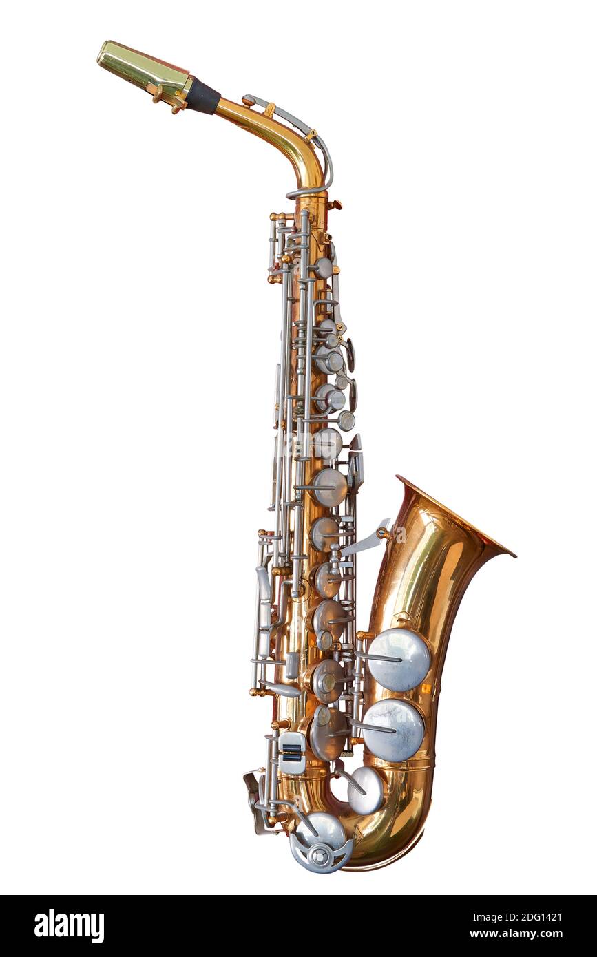 Old and well used saxophone isolated on white with clipping path Stock Photo