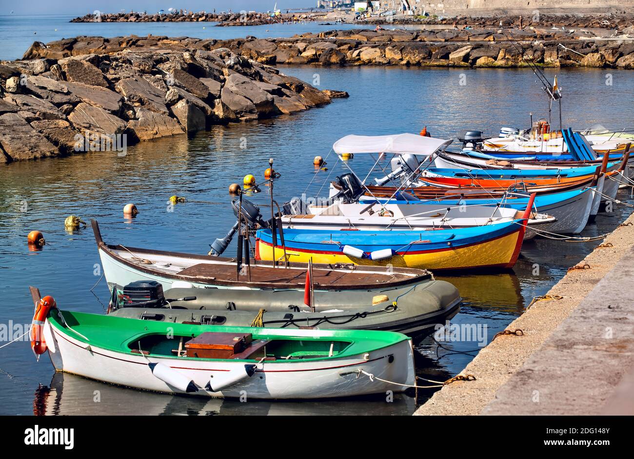 boats moored in the small port in Imperia, Liguria Stock Photo