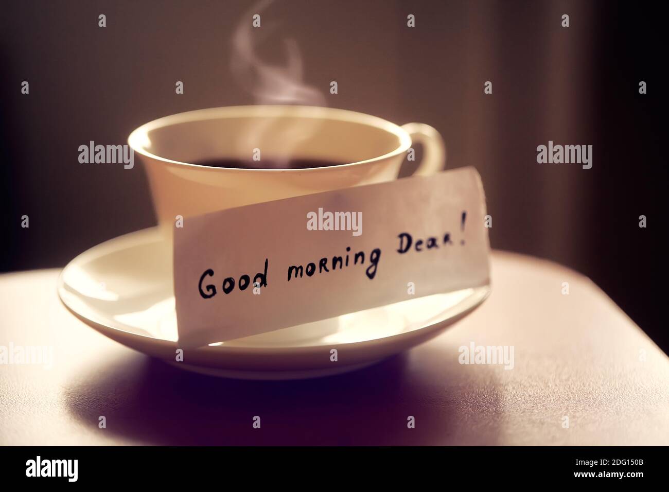 White ceramic cup of tea or coffee with nice letter 'good morning ...