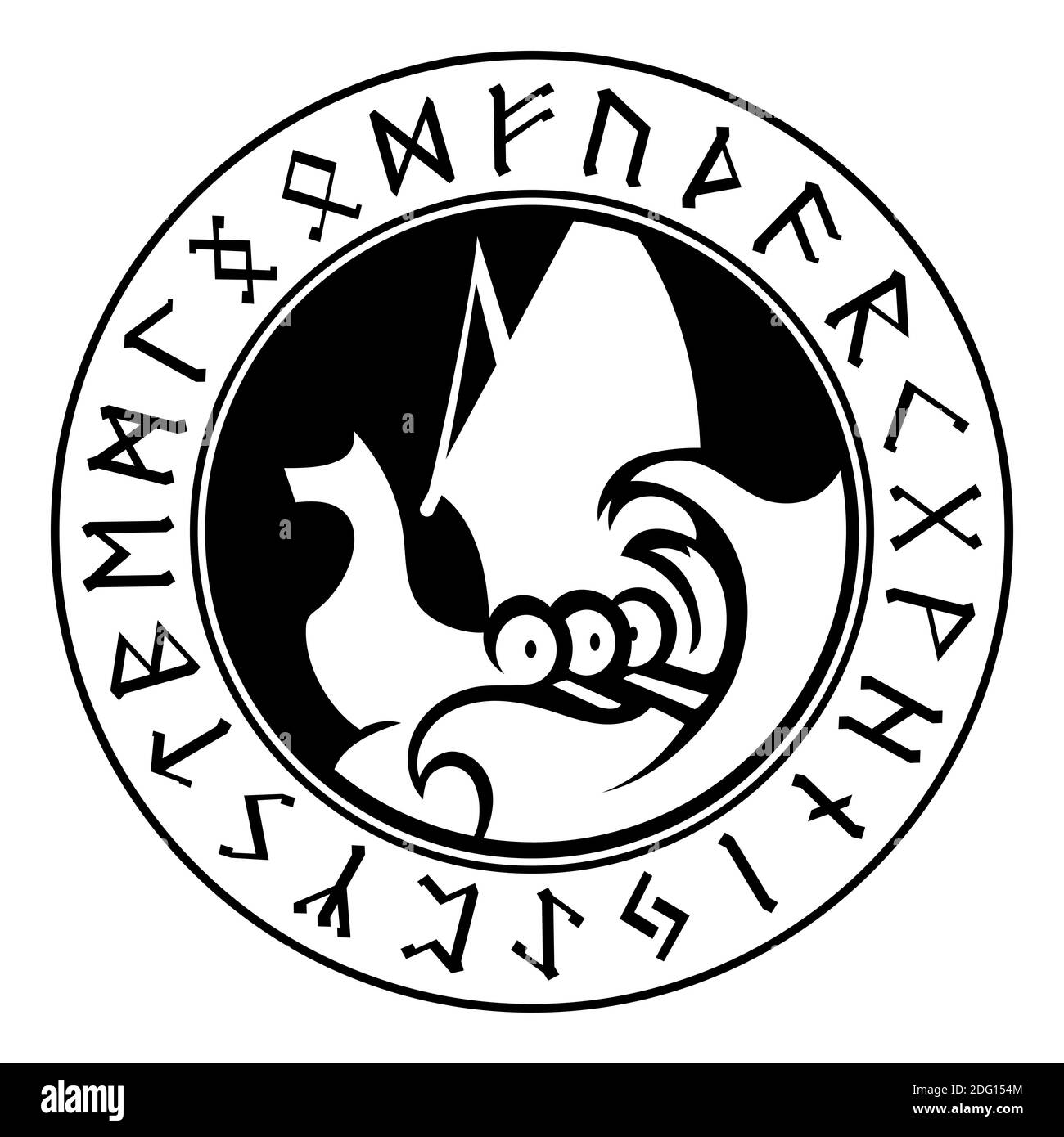 An ancient Scandinavian image of a Viking ship decorated Norse runes. Drakkar logo Stock Vector