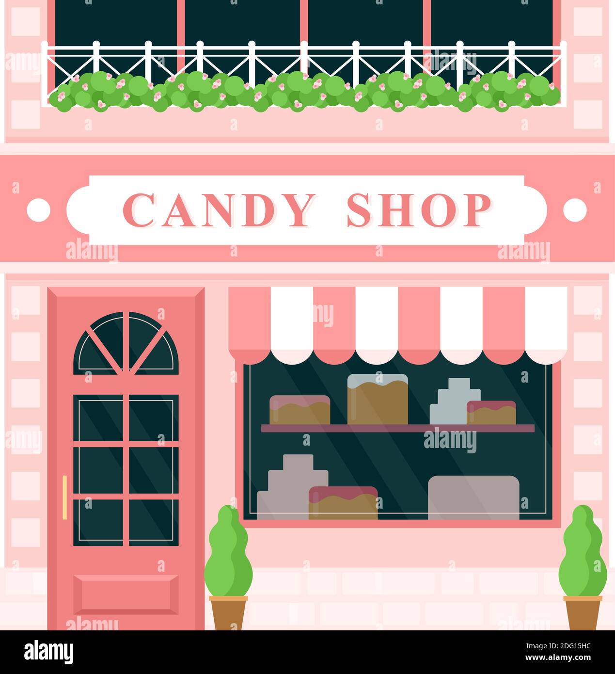 Vintage candy shop, confectionery house building facade vector illustration. Cartoon European city street with building green exterior, front entrance Stock Vector