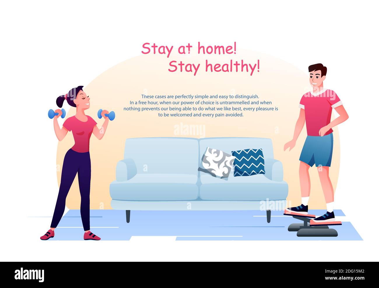 People stay at home in quarantine for healthy sport workout Stock Vector