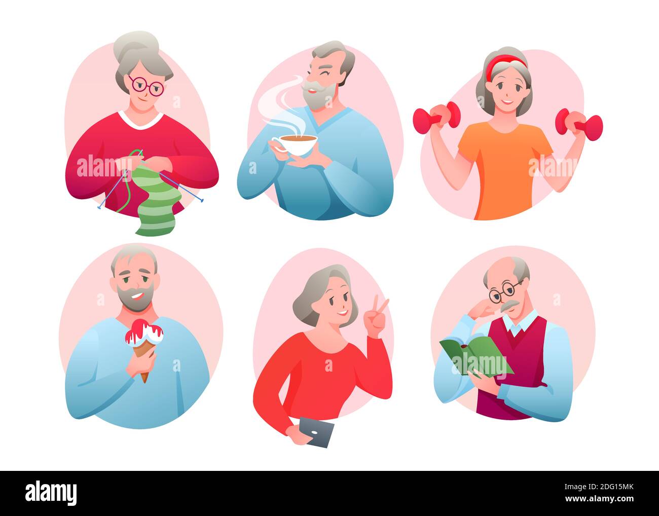 Cartoon round avatars of active old character doing sport exercise, knitting, networking, eating ice cream, drinking tea, reading book. Senior people Stock Vector