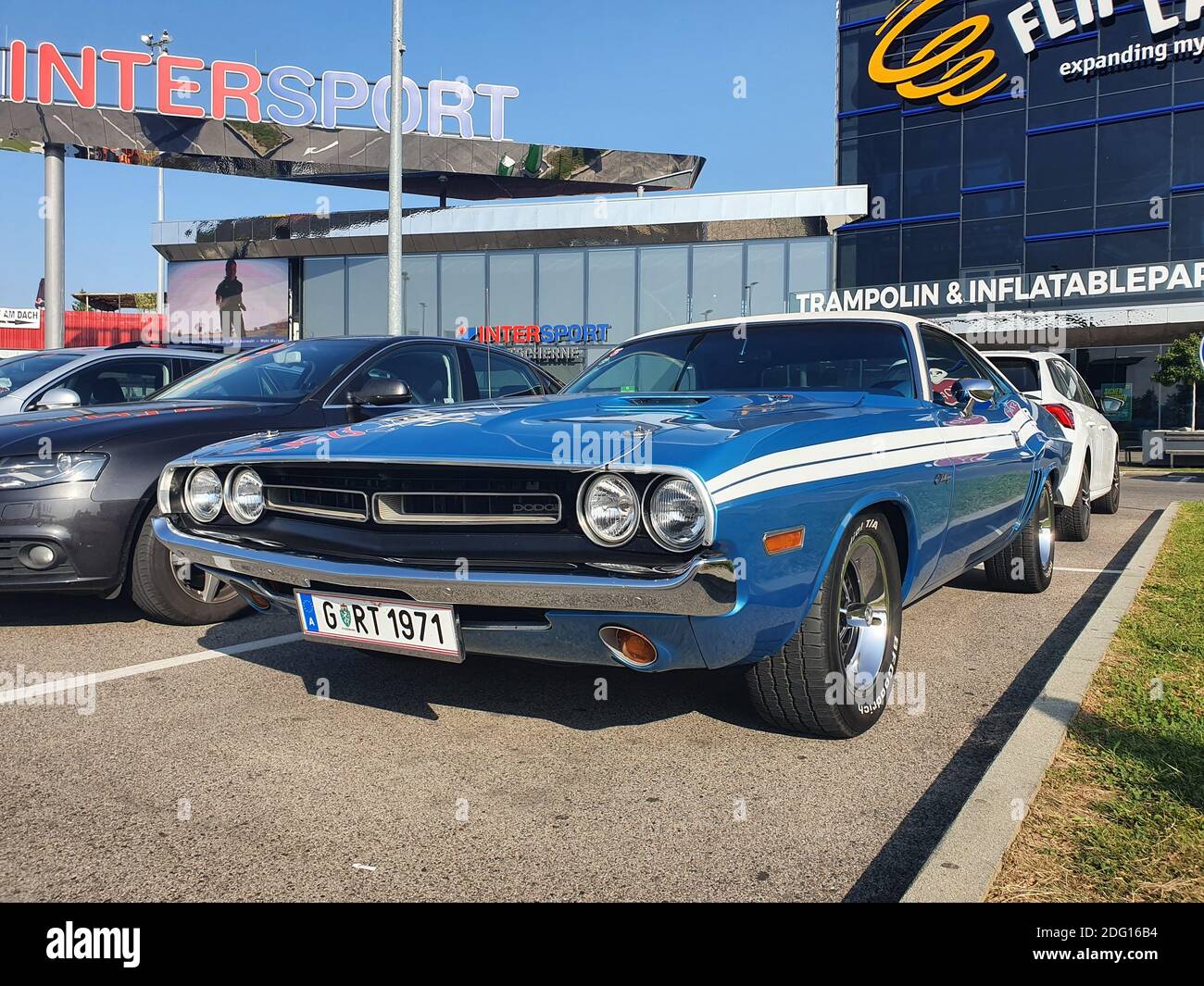 Graz, Austria - September 21, 2020: Blue Dodge Challenger R/T Evolution, first generation-1971. American muscle classic car Stock Photo