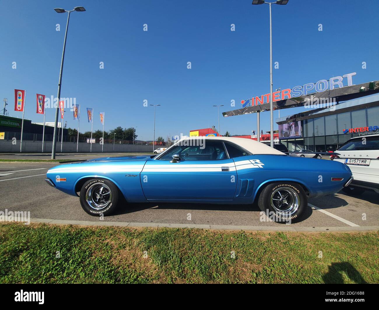 Graz, Austria - September 21, 2020: Blue Dodge Challenger R/T Evolution, first generation-1971. American muscle classic car Stock Photo