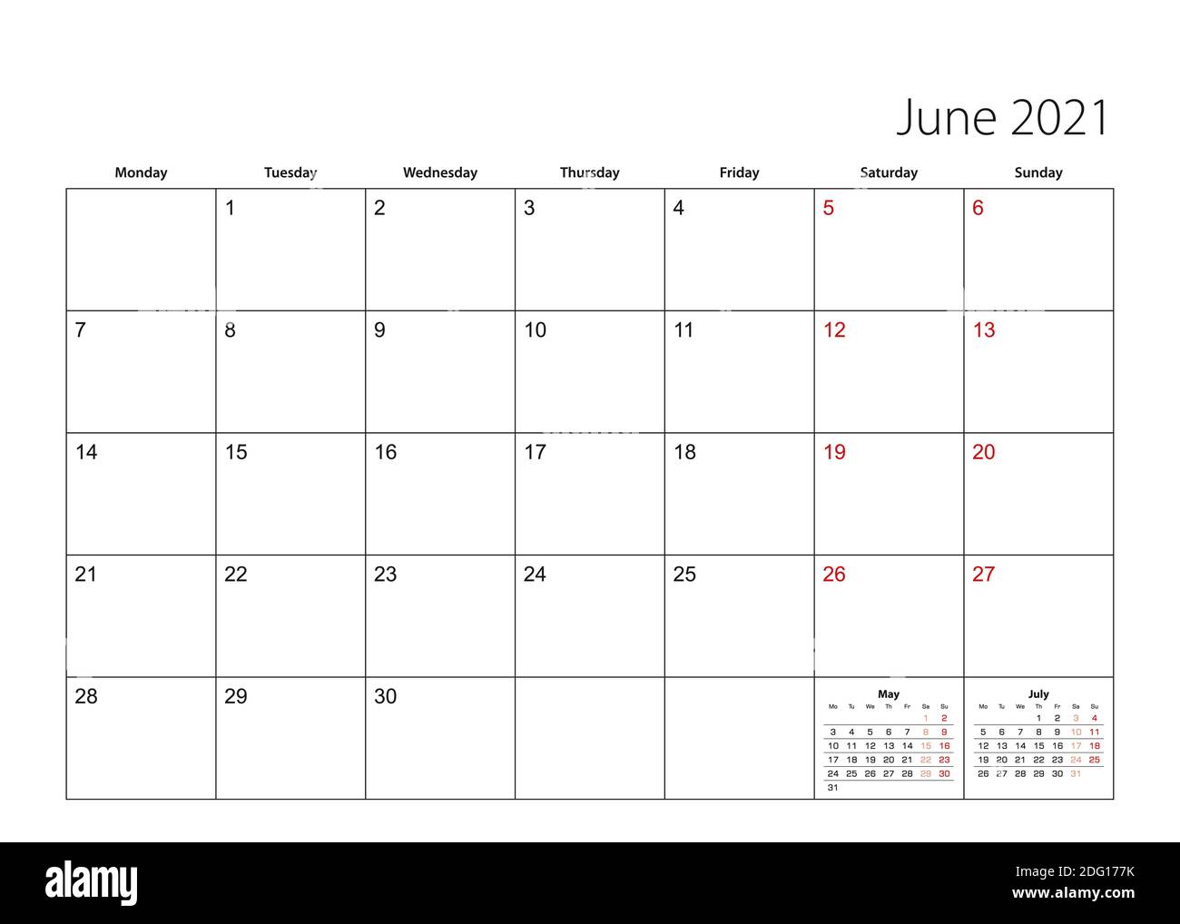 June 2021 simple calendar planner, week starts from Monday. Vector ...