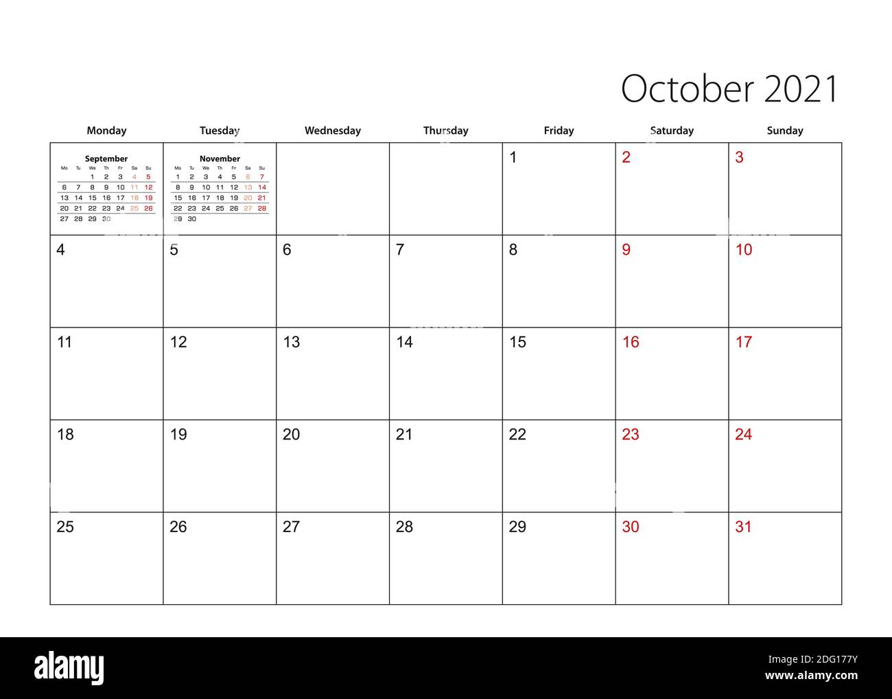 October 2021 simple calendar planner, week starts from Monday. Vector calendar planner. Stock Vector