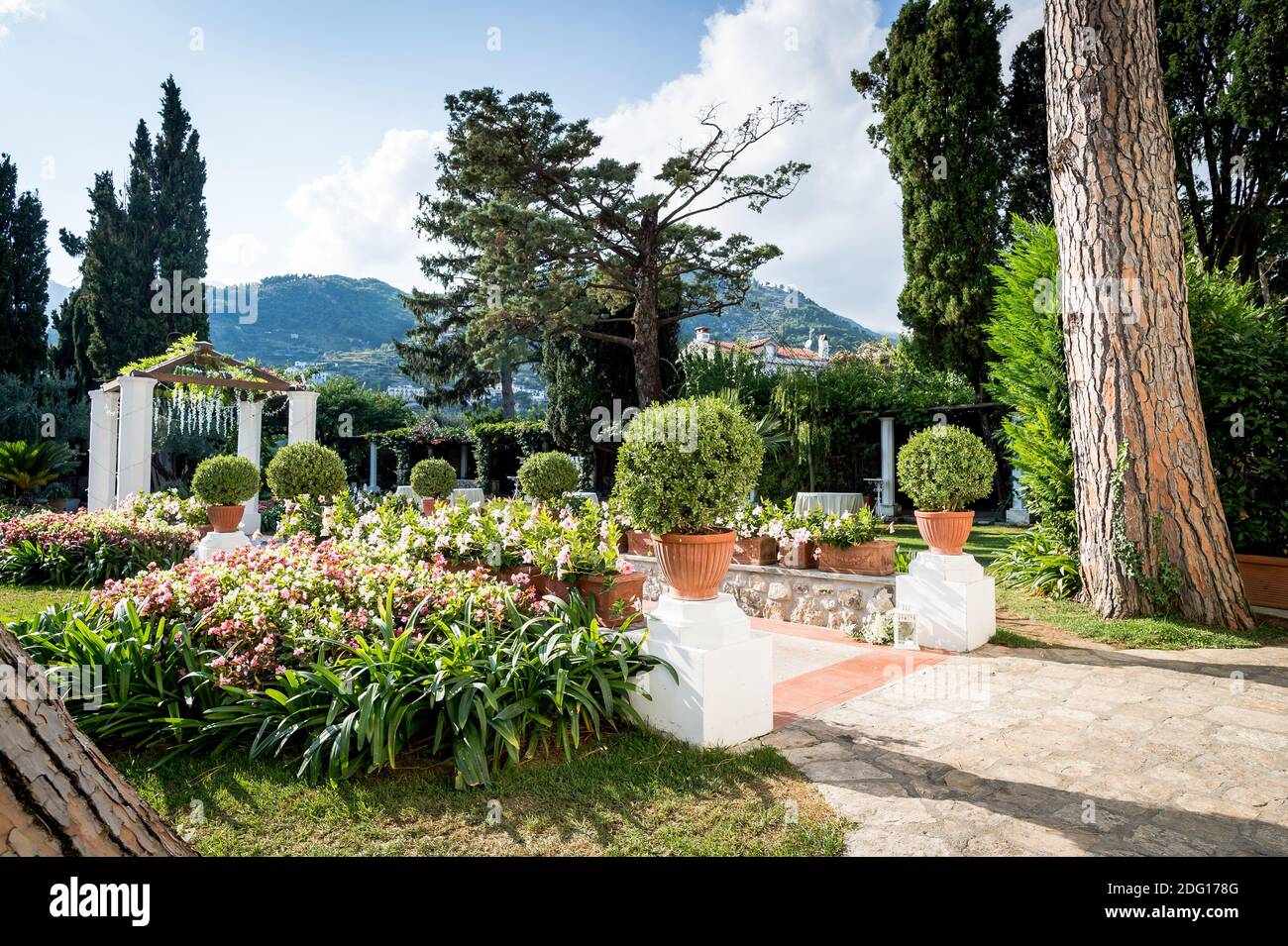 The stunning garden of Villa Eva in the town of Ravello Italy. A renowned wedding venue and privately owned villa. Landscaped gardens and luxury villa. Stock Photo