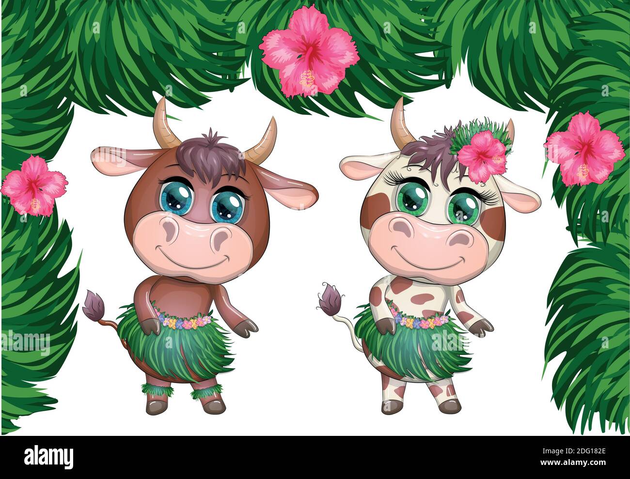 A pair of cute cartoon bull and cow with beautiful eyes is the character of  a Hawaiian hula dancer among leaves, flowers. Funny bull dance. 2021 year  Stock Vector Image & Art -