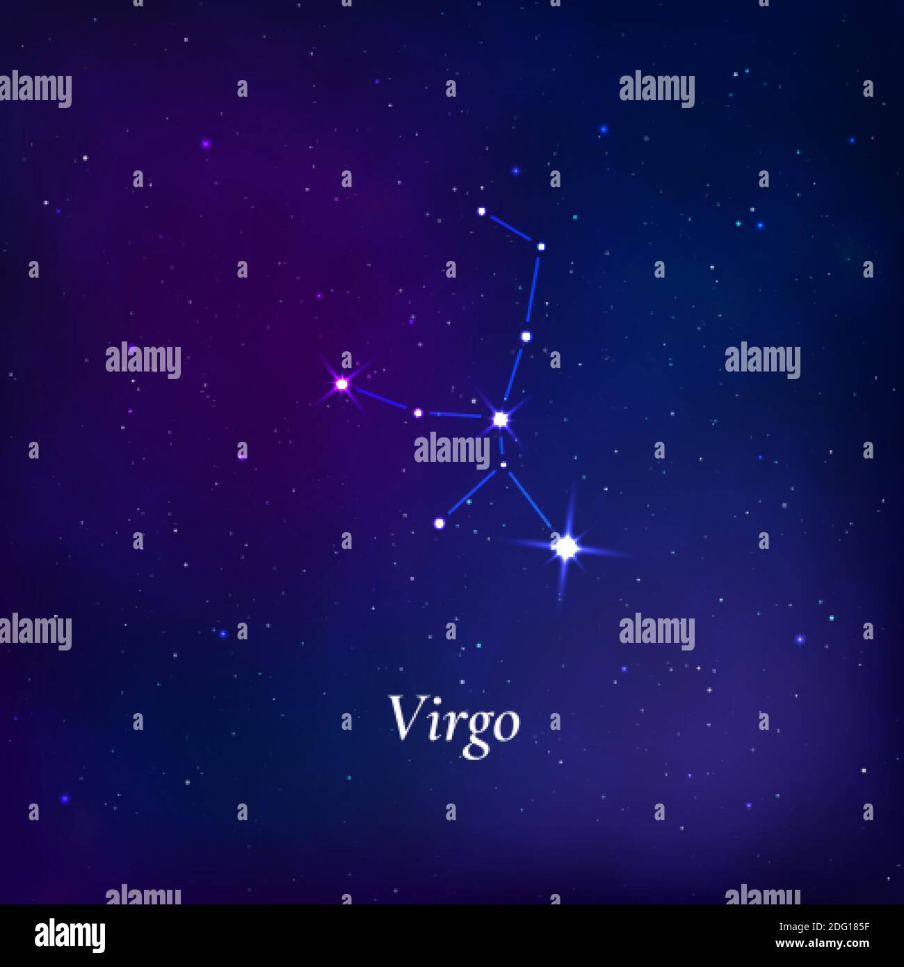 Virgo sign. Stars map of zodiac constellation on dark blue background. Vector Stock Vector