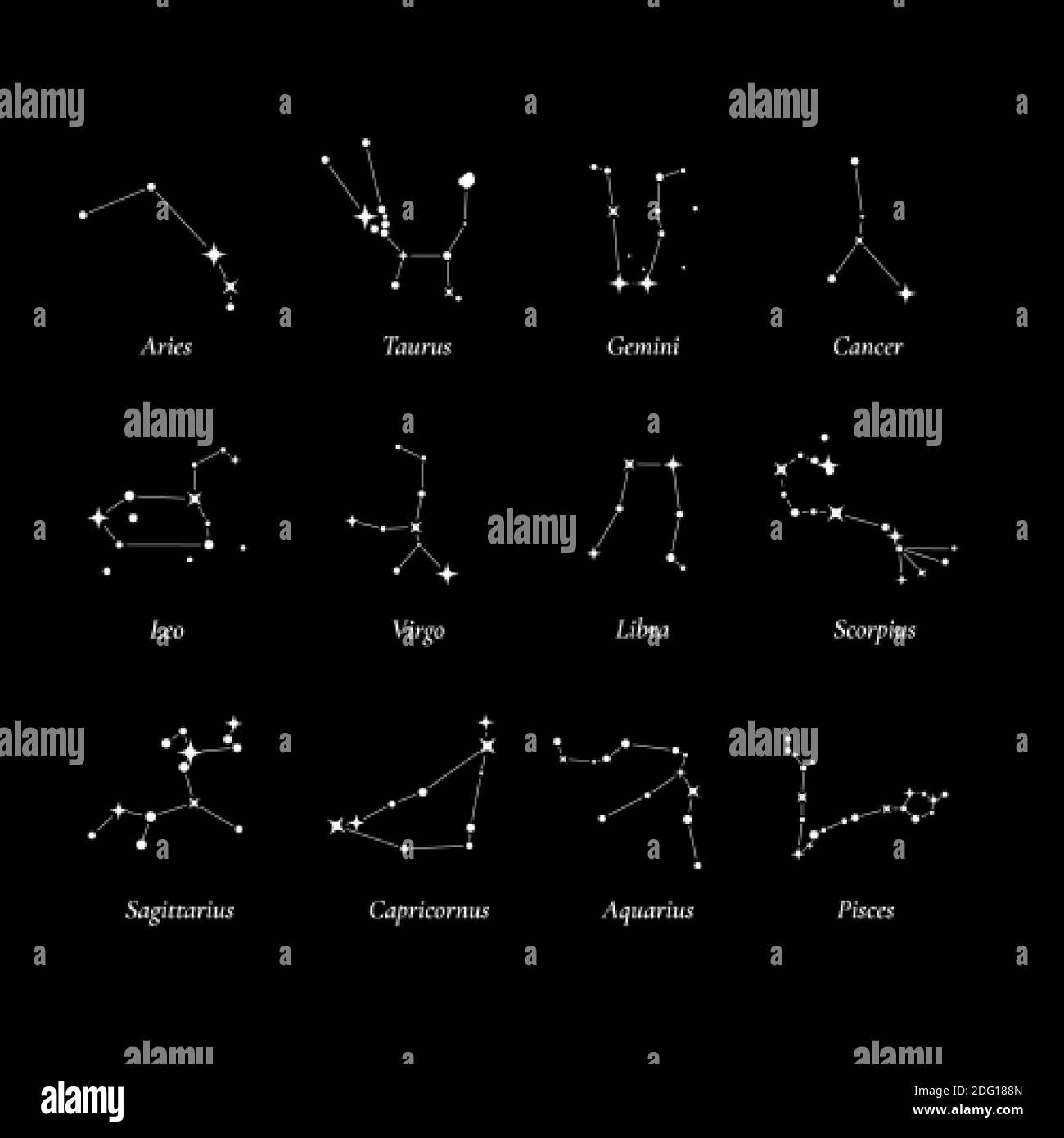Twelve constellations of the zodiac. Constellations lying in the plane of the ecliptic. vector Stock Vector