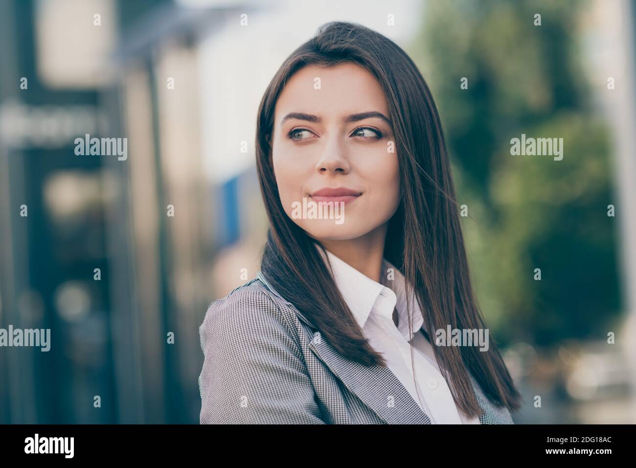Photo of attractive serious young businesswoman look agent work job