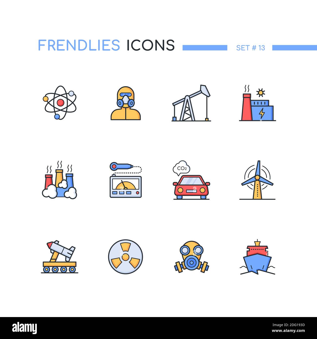 Nuclear elements - modern line design style icons set. Oil industry and environment idea. Images of a power plant, pump, atom, radiation detector, car Stock Vector