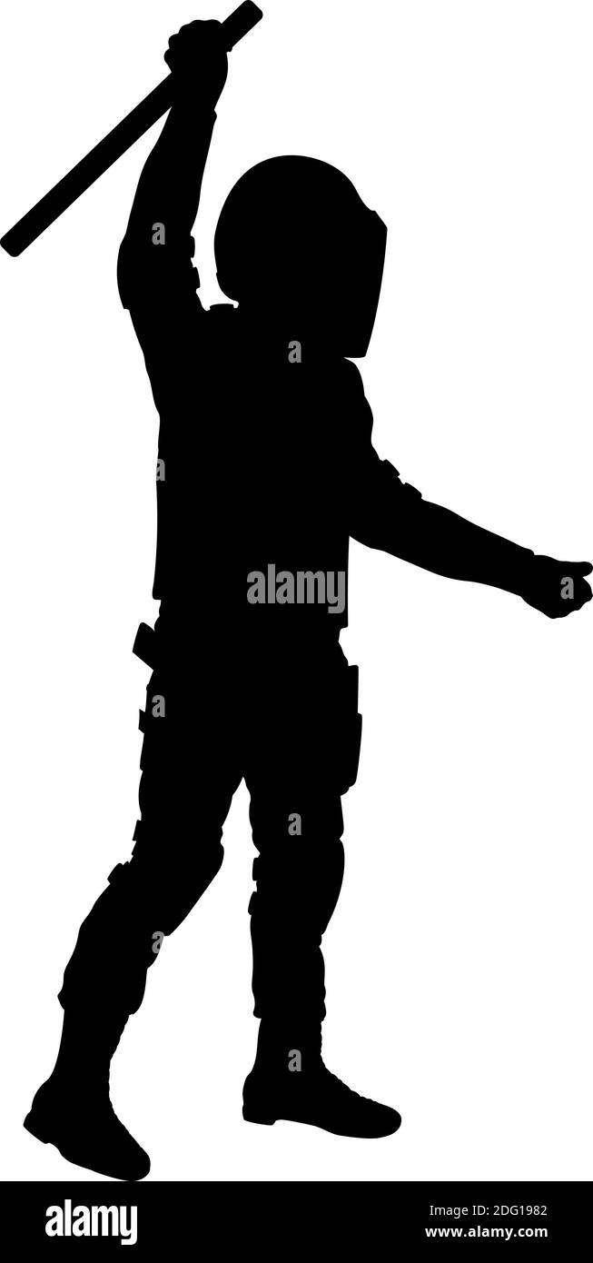 Silhouette policeman swings baton fulfills the order. Illustration symbol icon Stock Vector